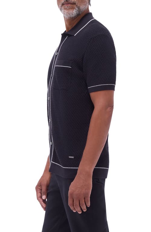 Bugatchi Tipped Short Sleeve Button-up Sweater In Black