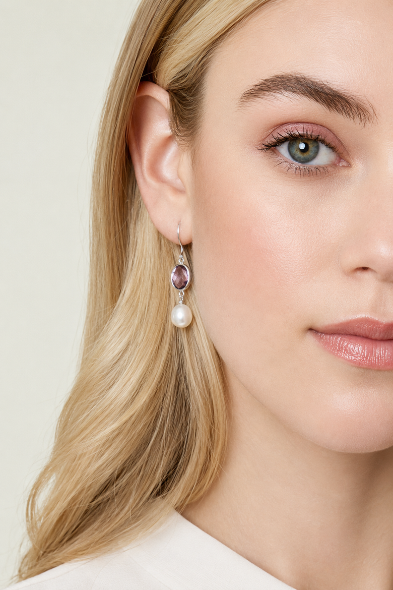 Freshwater Amethyst & Drop Pearl Hailey Tincup Earrings, Alternate, color, Sterling Silver