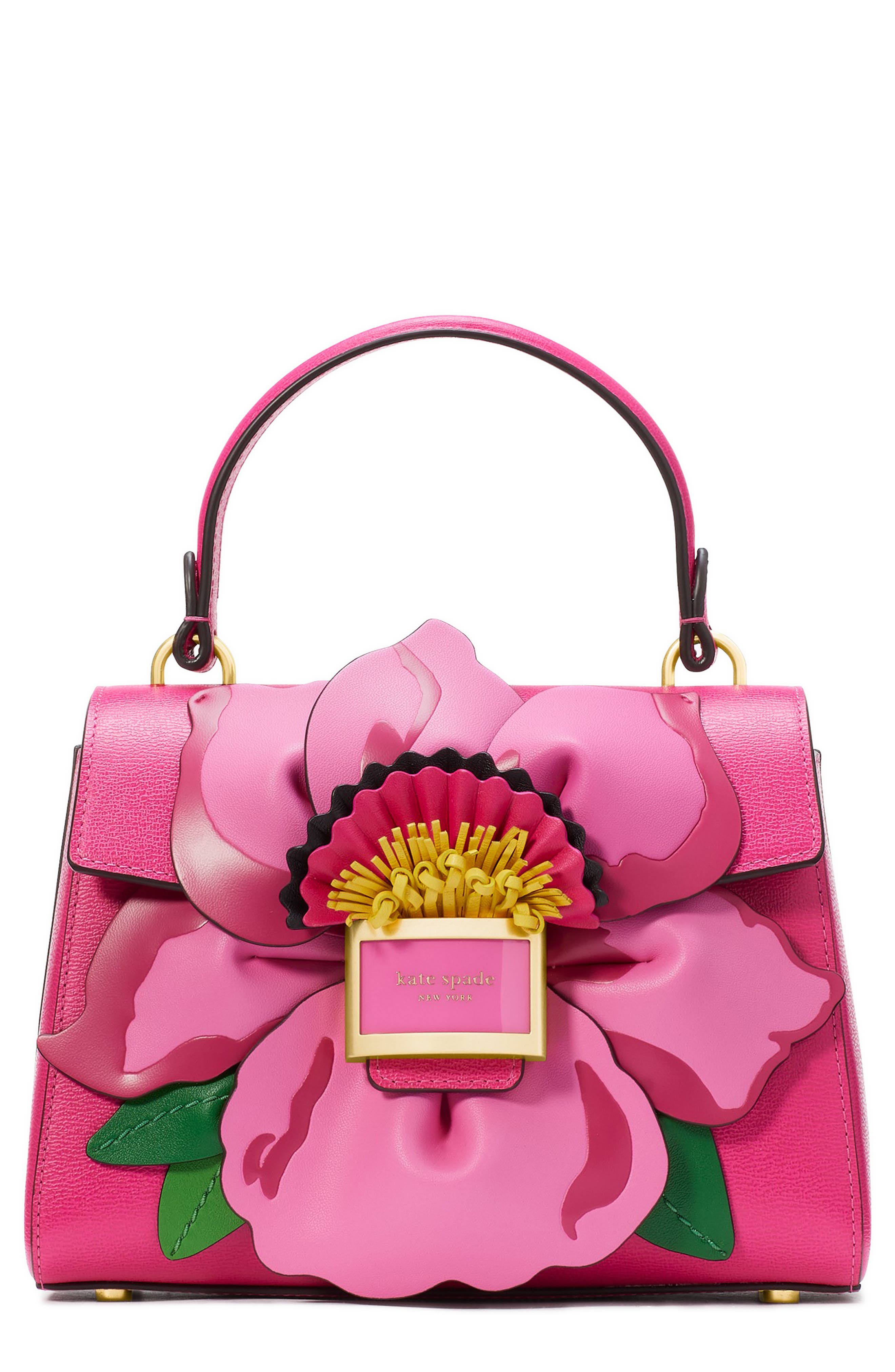 Kate Spade New York katy floral appliqué textured leather top handle bag, Main, color, 