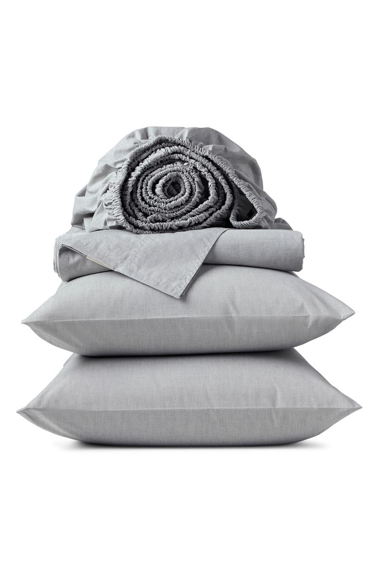 Coyuchi Crinkled Organic Cotton Percale Sheet Set, Main, color, Graphite Chambray