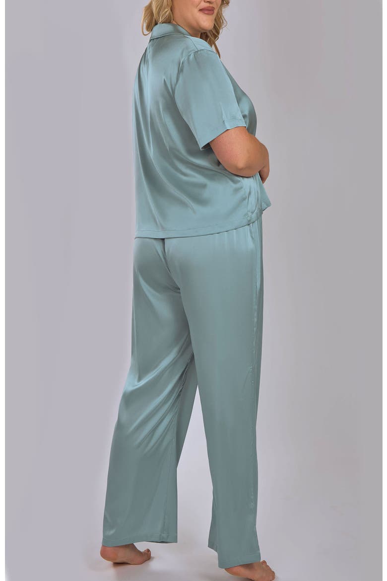 Stretch Satin Pajama Set with Button-Down Top, Alternate, color, Sage