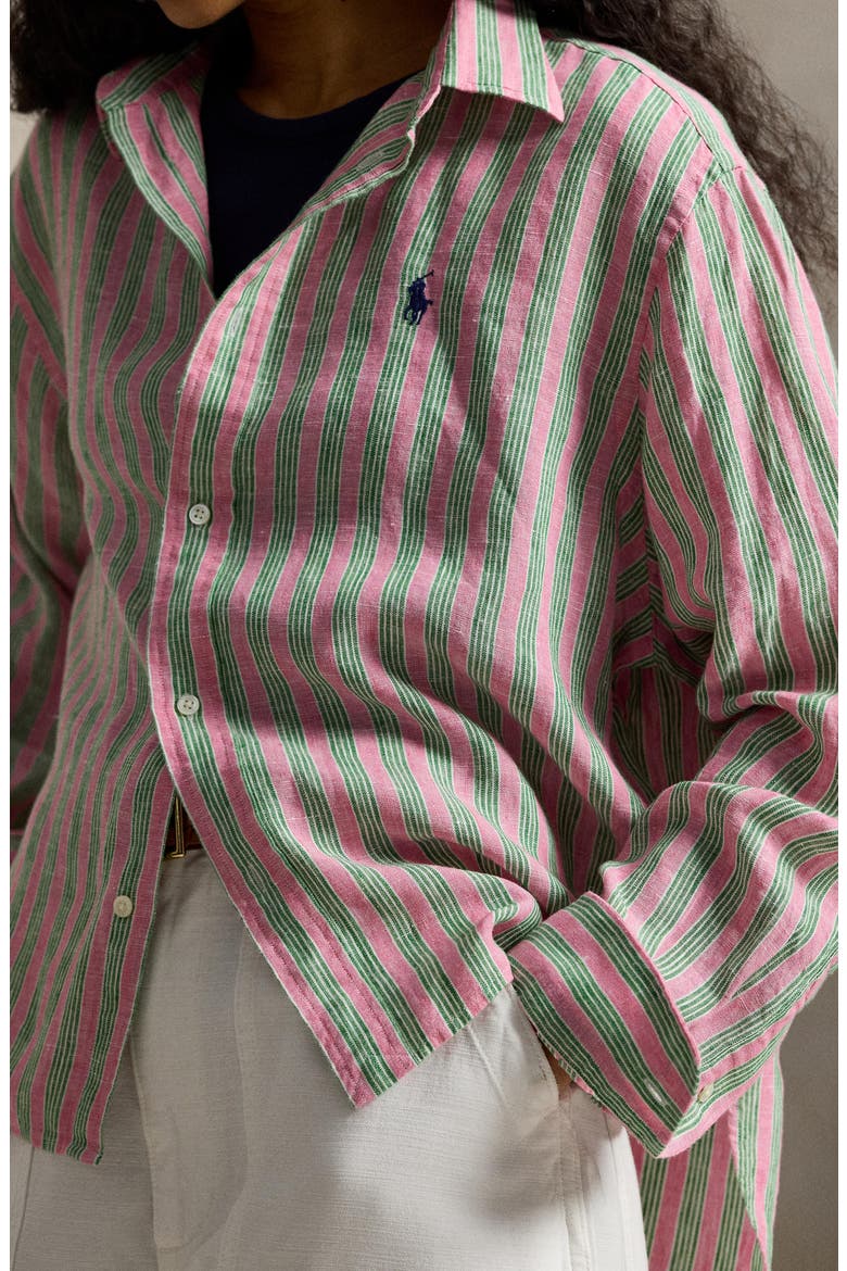 Stripe Linen Shirt, Alternate, color, BERRY/ GREEN MULTI