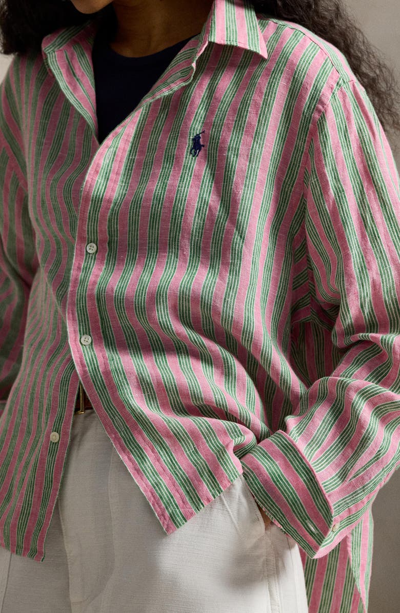 Polo Ralph Lauren Stripe Linen Shirt, Alternate, color, Berry/ Green Multi