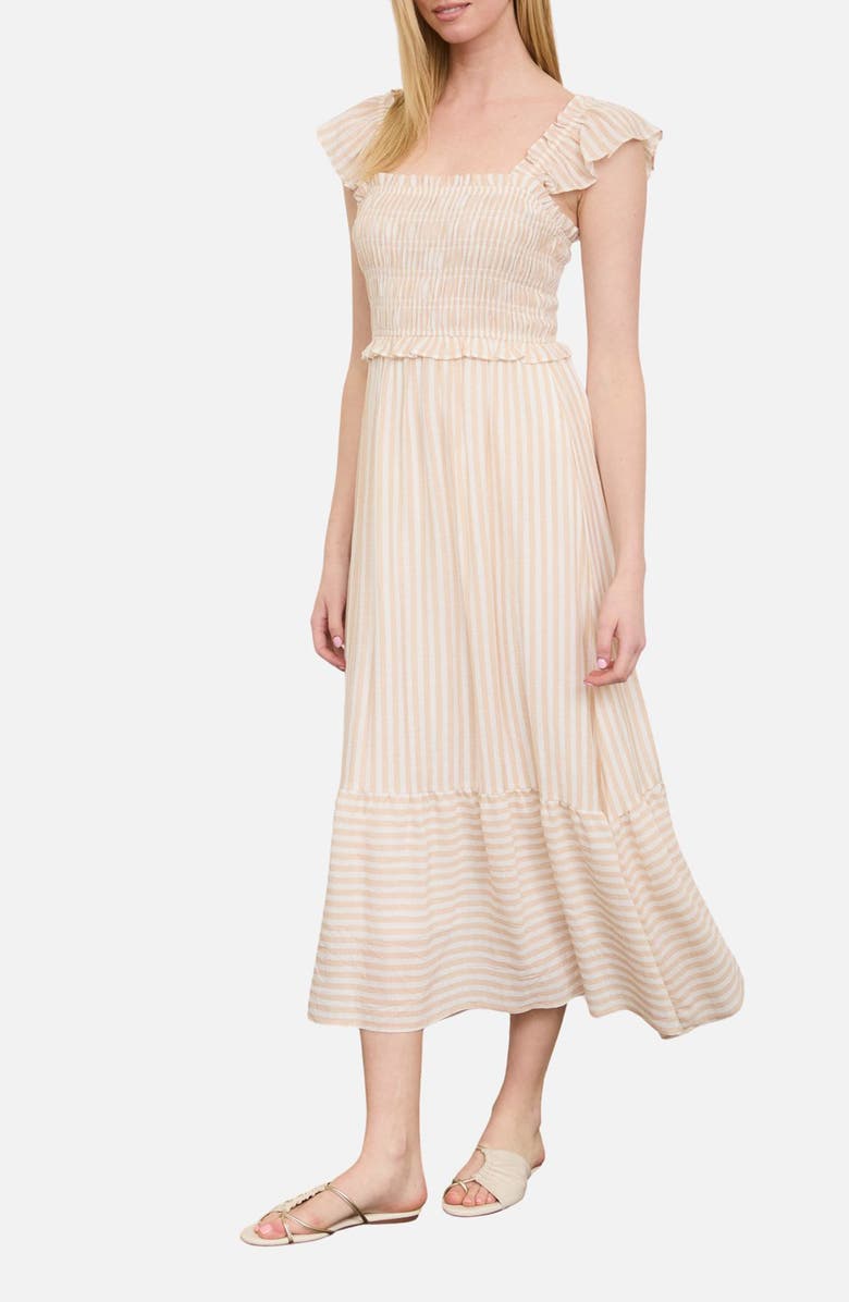 Blu Pepper Stripe Flutter Sleeve Smocked Dress, Alternate, color, Light Khaki