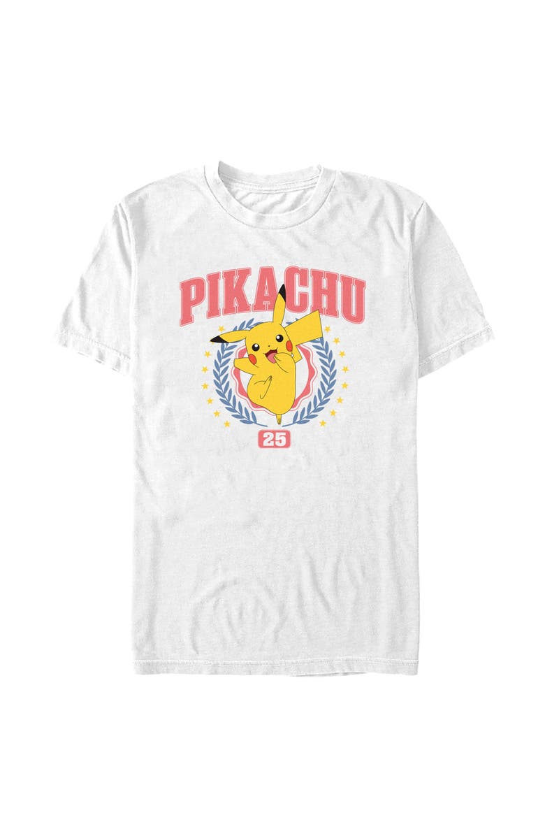 POKEMON Men's Pokemon Collegiate Pikachu 25  Graphic T-Shirt, Alternate, color, White