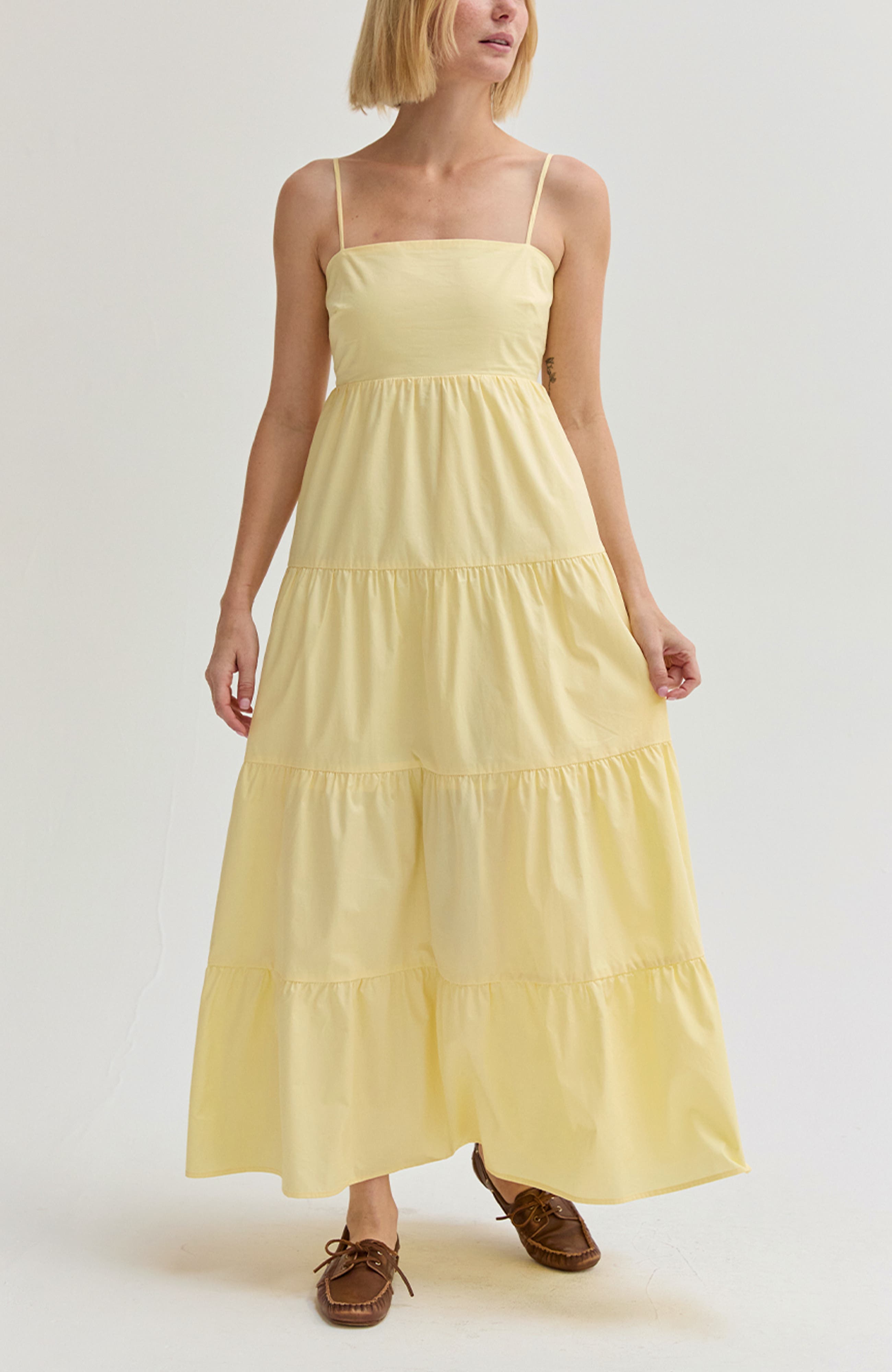 Crescent Poplin Tiered Maxi Dress In Light Yellow