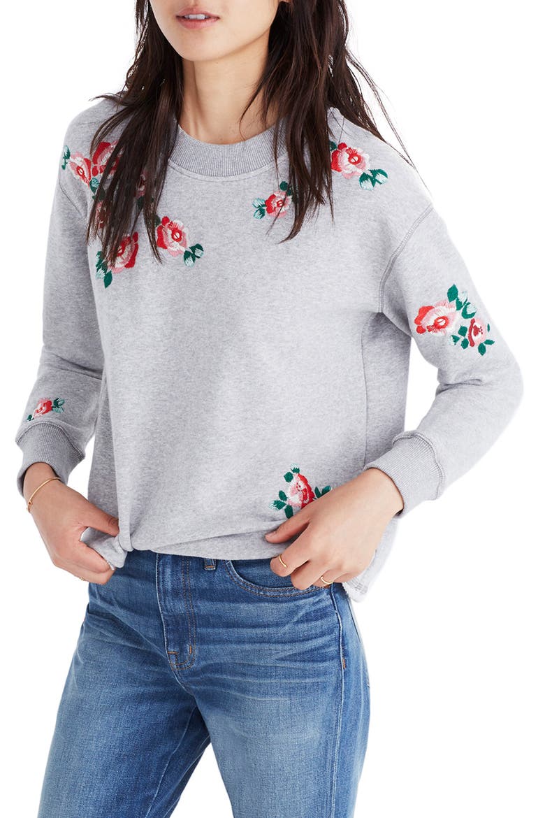 Embroidered Crop Sweatshirt, Main, color, HEATHER SMOKE