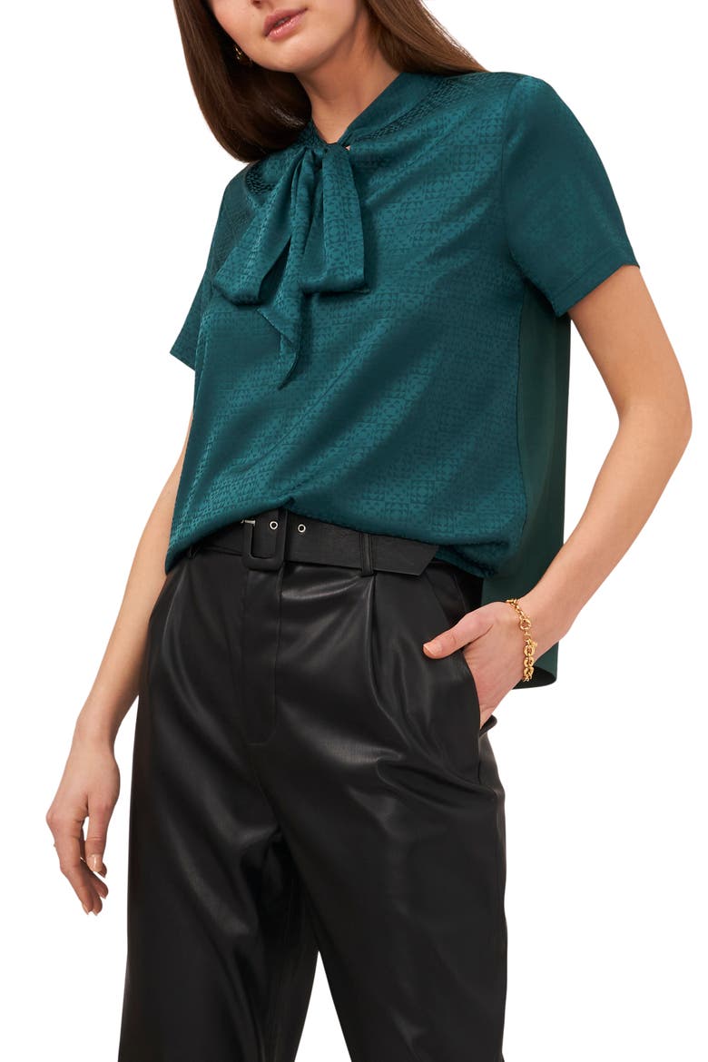 Tie Detail Jacquard Blouse, Main, color, RICH SPRUCE