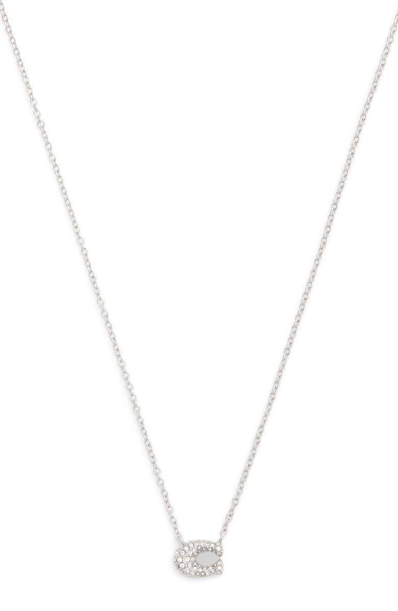 COACH Pavé Signature C Short Pendant Necklace, Main, color, Rhodium