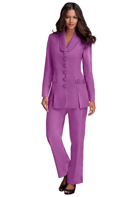 Plus Size Long Sleeve Ten Button Shawl Collar Pant Suit 2 Piece Pant Set