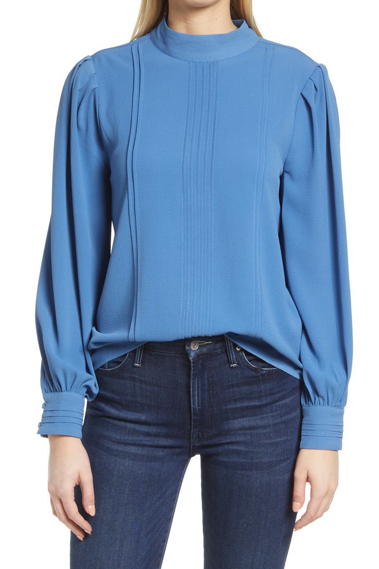 Band Collar Pleat Chiffon Blouse, Main, color, BRISK BLUE