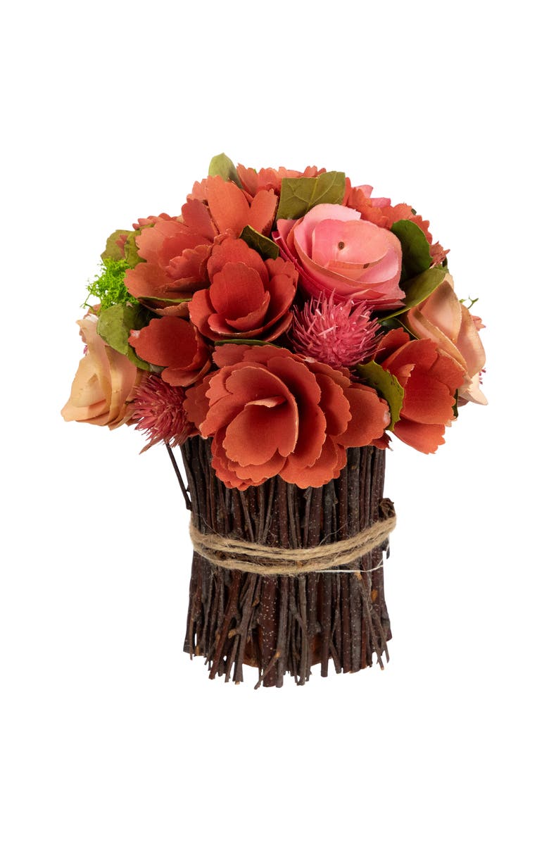 Northlight Artificial Mixed Floral Wooden Spring Bouquet - 9" - Red and Pink, Alternate, color, Red