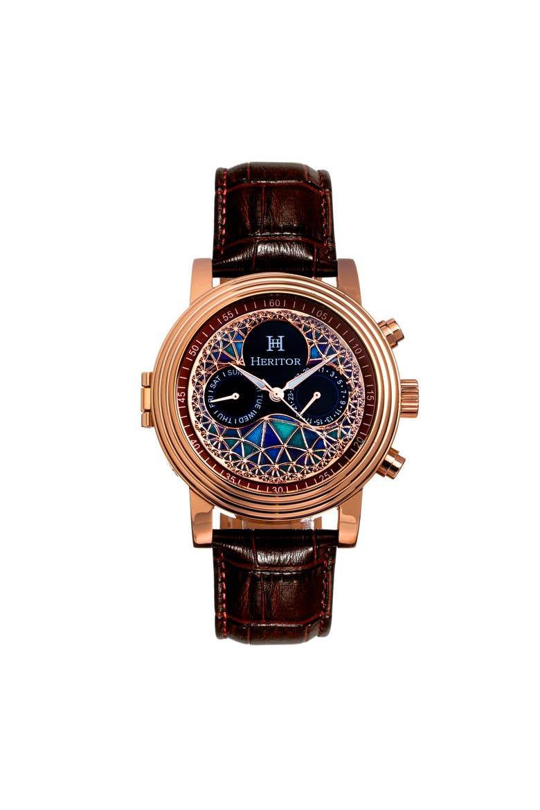 Legacy Leather-Band Watch w/Day/Date, Main, color, Rose Gold/Brown
