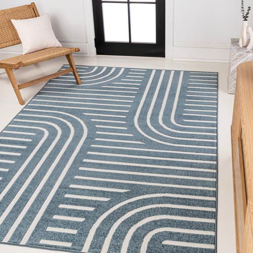 Jonathan Y Anders High-low Midcentury Modern Arch Stripe Two-tone Indoor/outdoor Area Rug In Navy/cream