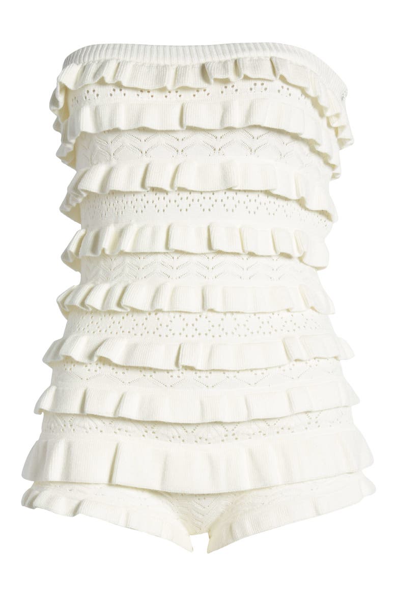 Robin Pointelle Ruffle Strapless Knit Romper, Alternate, color, CREAM