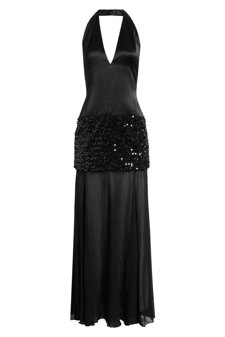 Bianca Sequin Plunge Halter Satin Gown, Main, color, BLACK