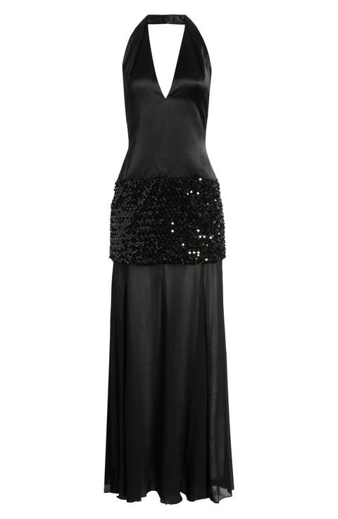 Bianca Sequin Plunge Halter Satin Gown