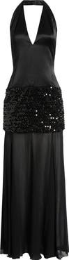 Shona Joy Bianca Sequin Plunge Halter Satin Gown