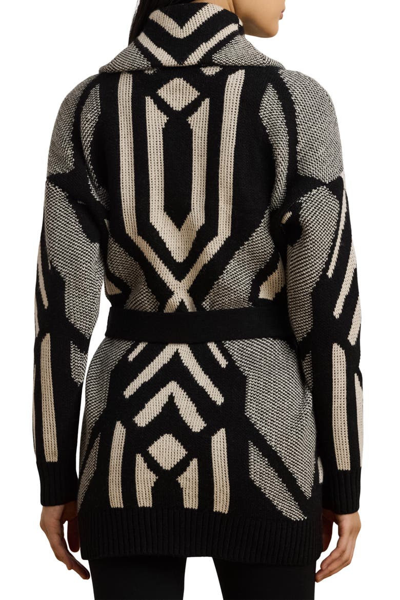 Geo Motif Wrap Cardigan, Alternate, color, BLACK/ MASCARPONE CREAM