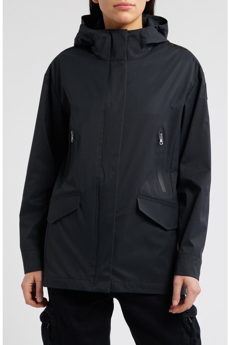 Carmela Water Repellent Hooded Raincoat, Main, color, BLACK