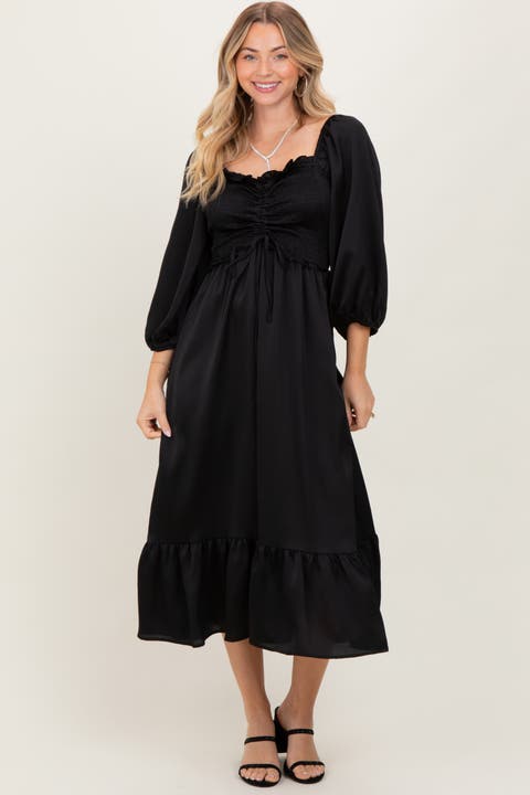 Satin Smocked Cinched Bust Midi Dress