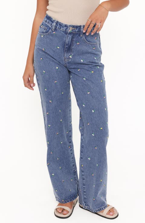 Kendall Floral Embroidered Straight Leg Jeans