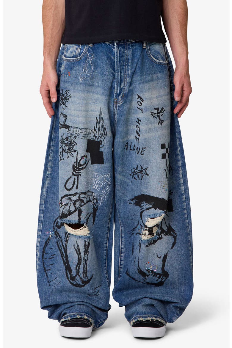Mega Baggy Sketch Denim Jeans, Main, color, BLUE