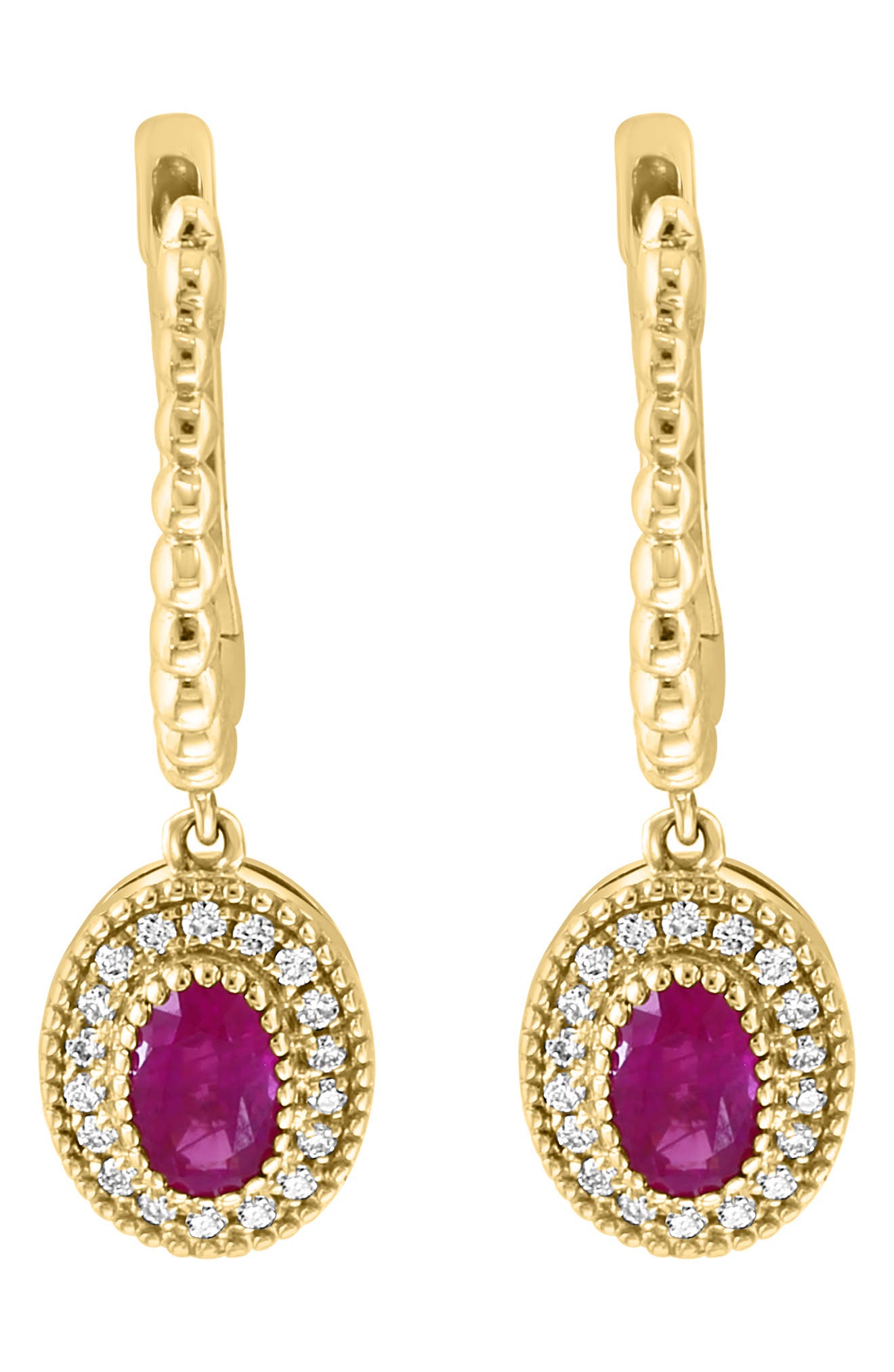 EFFY Oval Cut Ruby & Pavé Diamond Halo Drop Hoop Earrings (Women ...