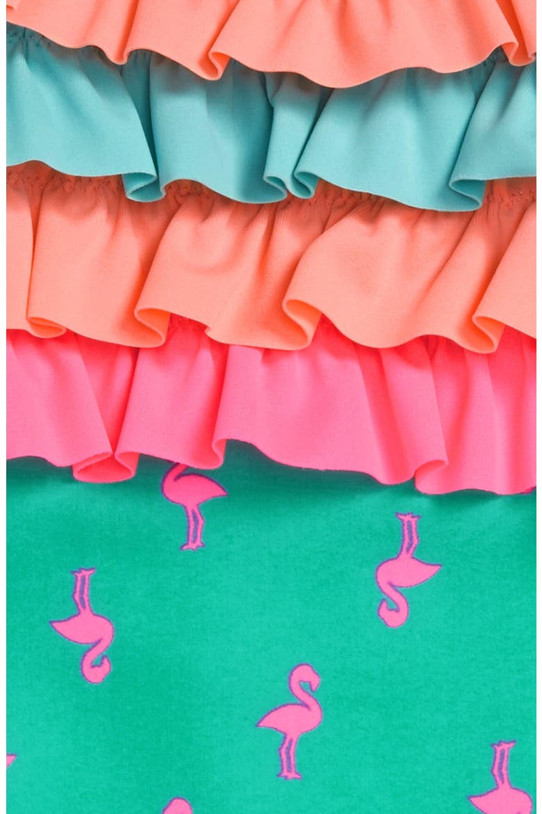 Ruffle & Stripe One-Piece Swimsuit, Alternate, color, TEAL WATERFALL FLAMINGO