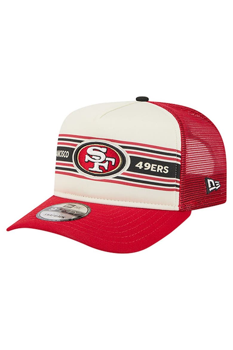 Men's New Era  Cream/Scarlet San Francisco 49ers Banner A-Frame 9FIFTY Trucker Snapback Hat, Main, color, Cream