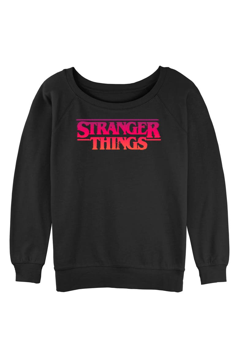 Junior's Stranger Things Vintage Radio The Squawk WSQK  Sweatshirt, Main, color, Black: Grunge Logo