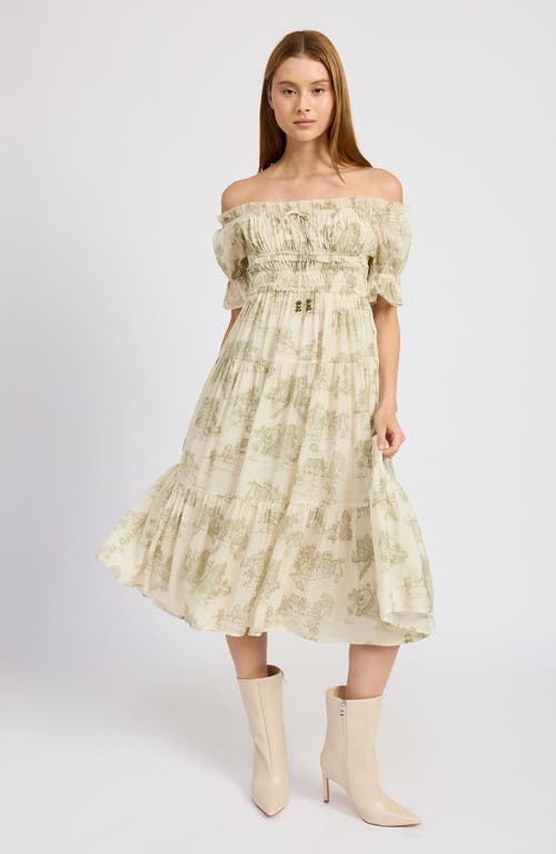 En Saison Leighton Toile Print Off The Shoulder Midi Dress In Cream Olive