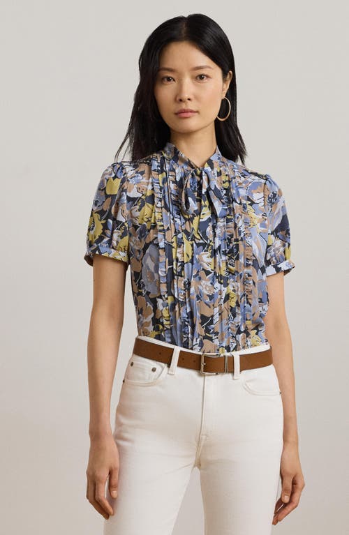 Ralph Lauren Lauren  Floral Ruffle Georgette Top In Blue Multi