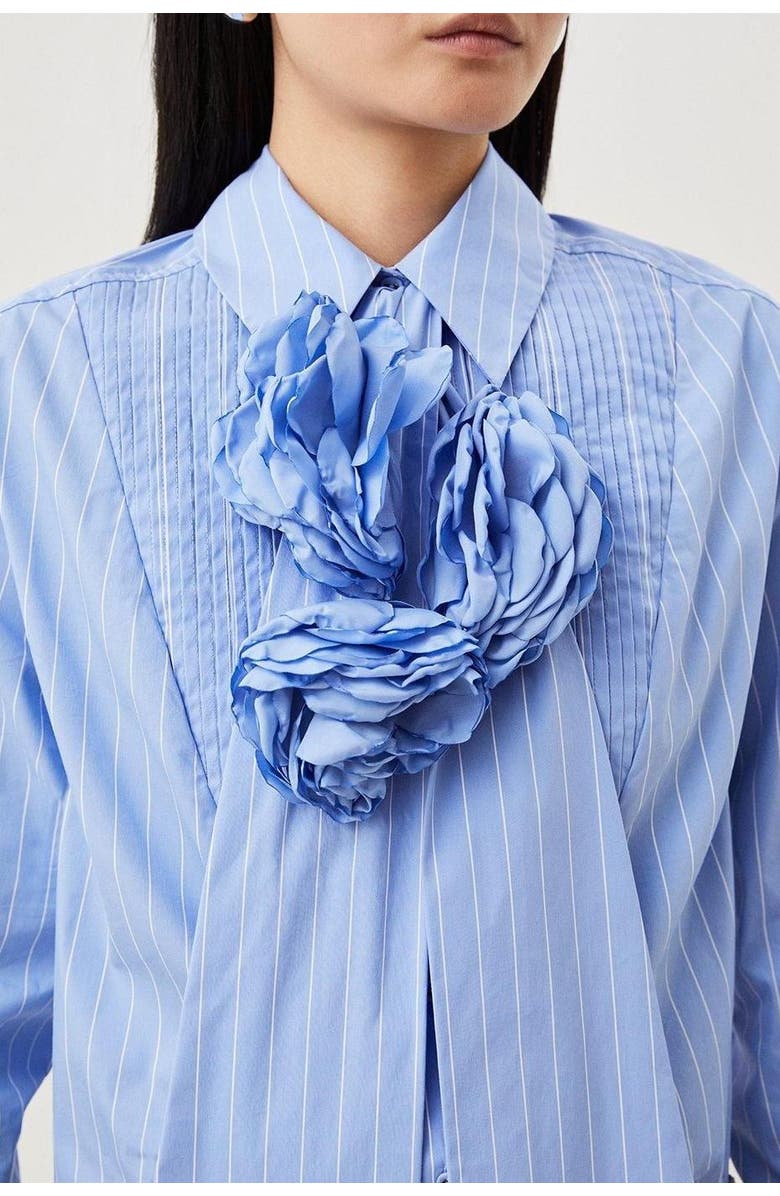 Karen Millen Striped Cotton Tie-Neck Rosette Shirt, Alternate, color, Blue