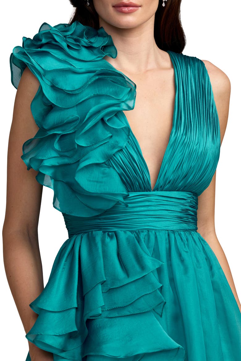 Ruffle Shoulder V-Neck Chiffon Gown, Alternate, color, Teal