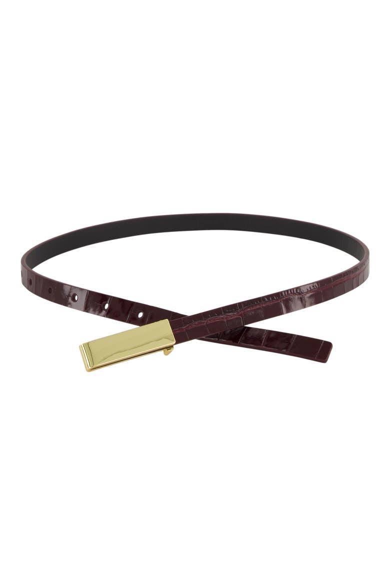 Skinny Croc Embossed Leather Belt, Alternate, color, BLACK ROSE