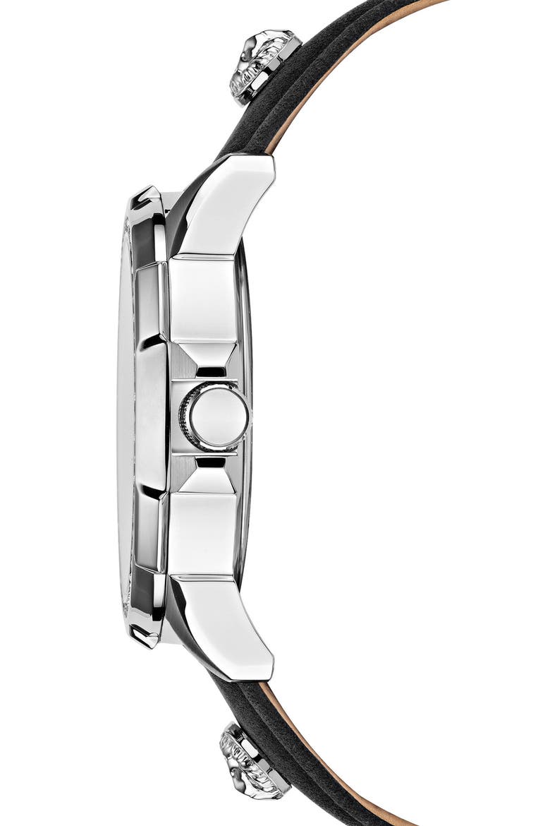 6E Arrondissement Crystal Multifunction Leather Strap Watch, 46mm, Alternate, color, STAINLESS STEEL/ BLACK