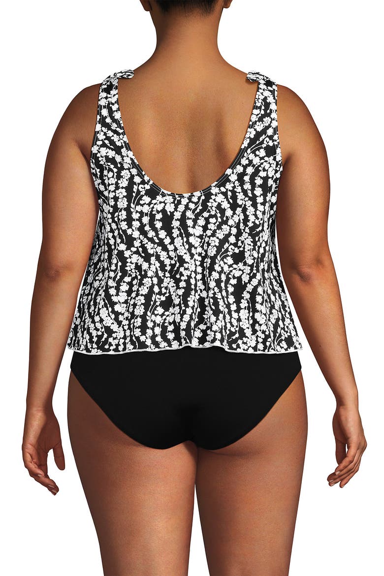 Plus Size DD-Cup Tie Shoulder Flutter Tankini Top, Alternate, color, Black/White Vine Floral