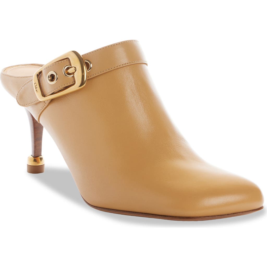 Chloé Andrea Calfskin Buckle Mule Pumps In Sandy Brown