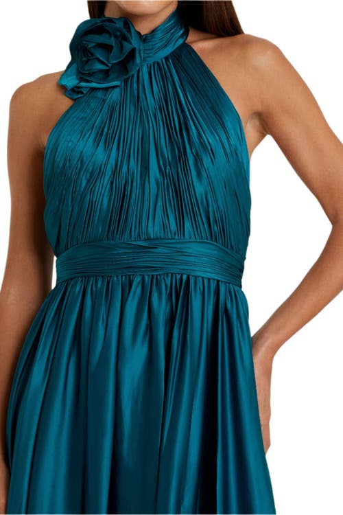 Mac Duggal Pleated Charmeuse High Neck Sleeveless Midi Dress