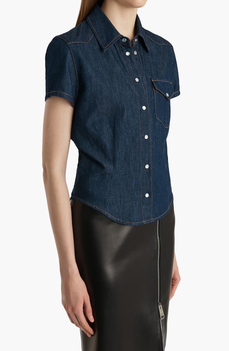 Khaite Cavazos Short Sleeve Denim Snap-Up Shirt, Alternate, color, Benson