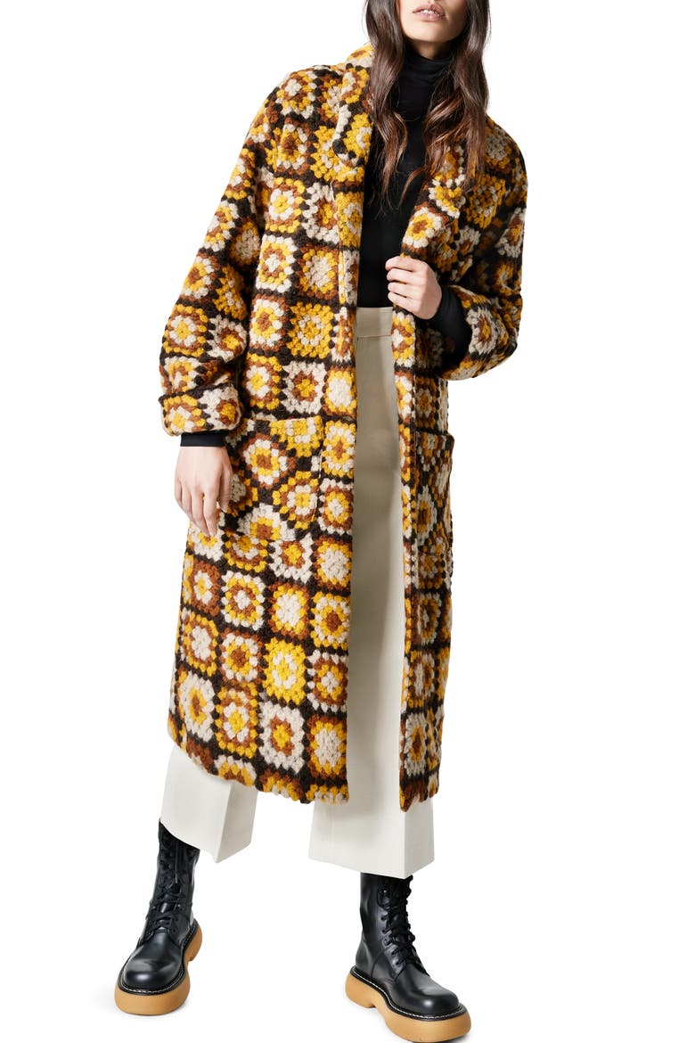 Wool Blend Afghan Duster Coat, Main, color, MUSTARD GRANNY SQUARES
