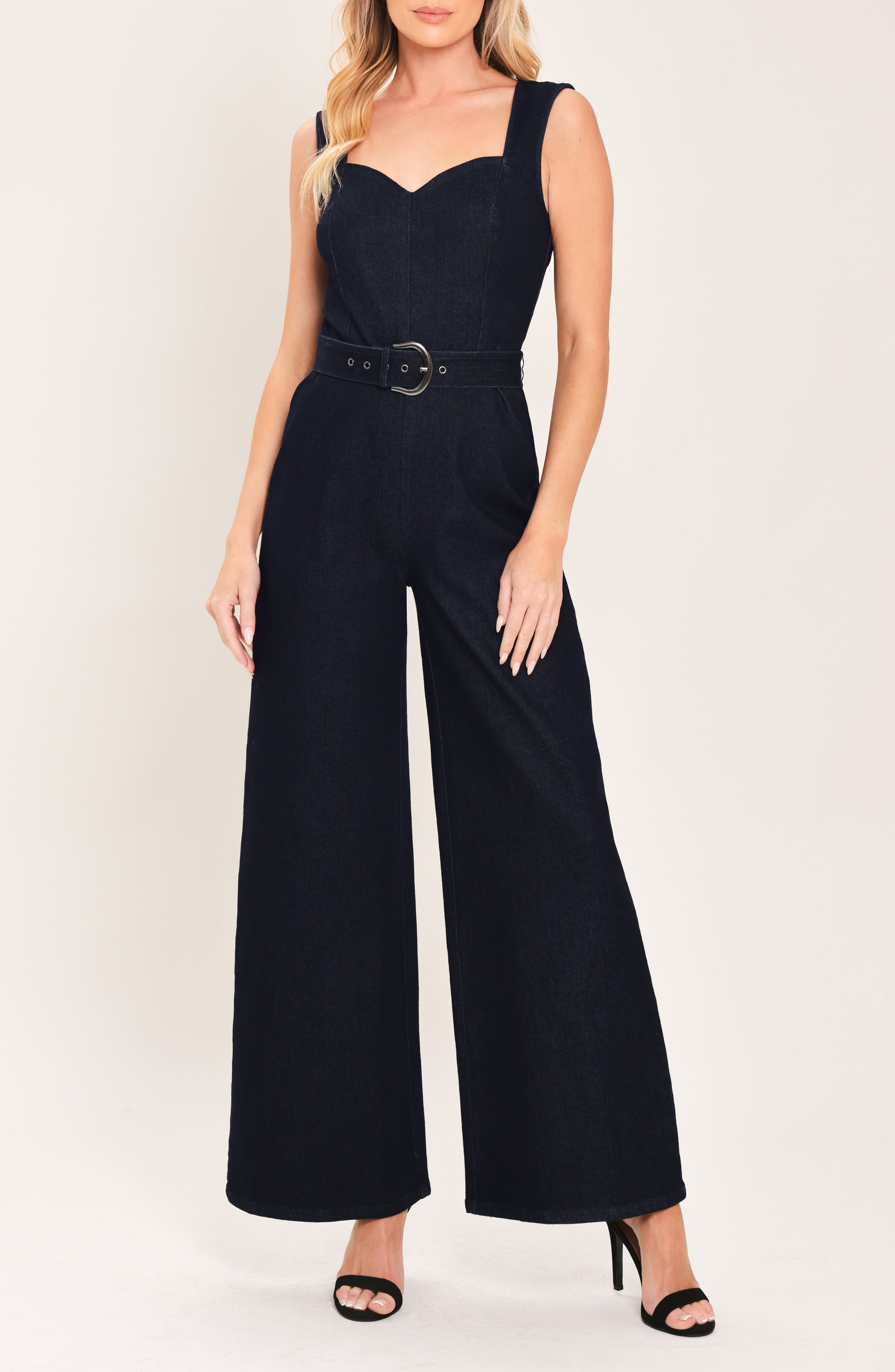 Sweetheart Neck Belted Denim Jumpsuit