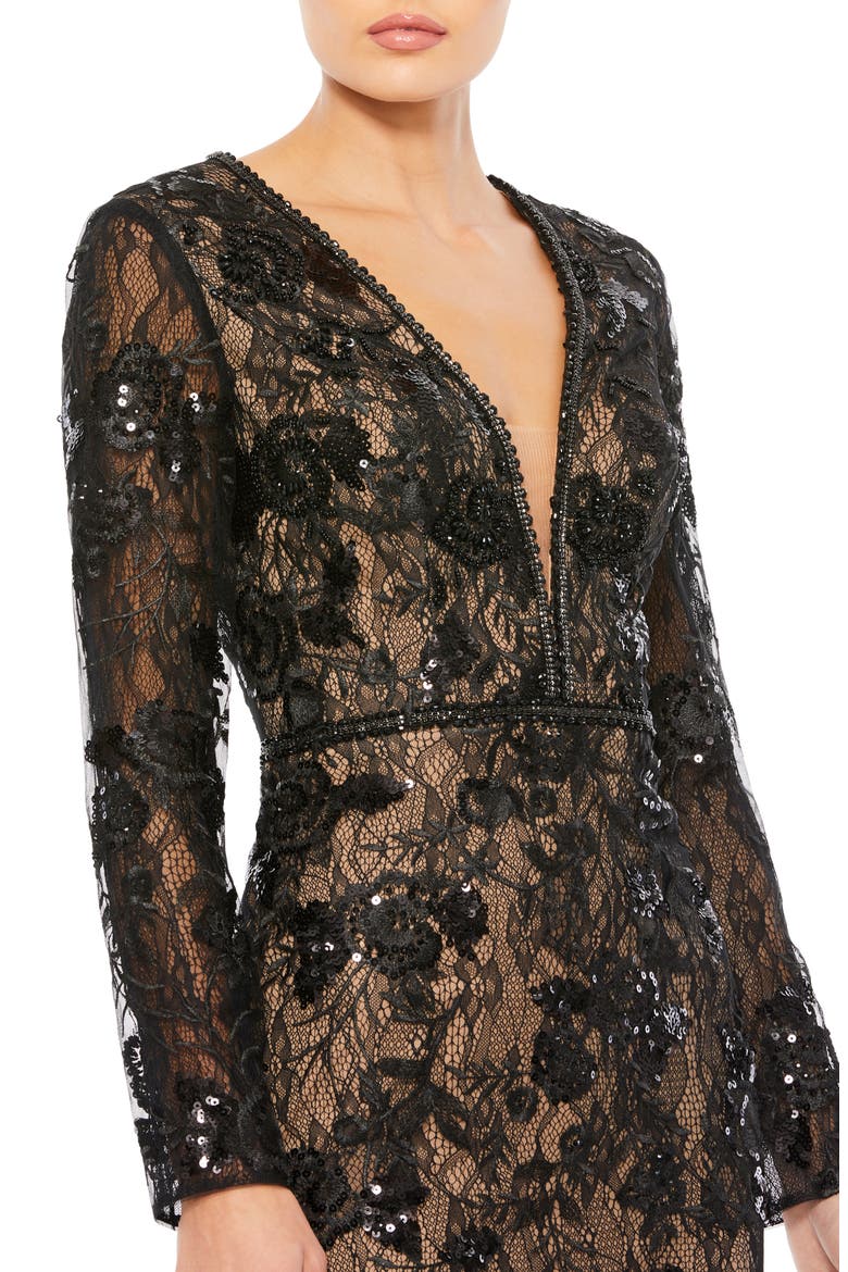 Long Sleeve Lace Trumpet Gown, Alternate, color, BLACK NUDE