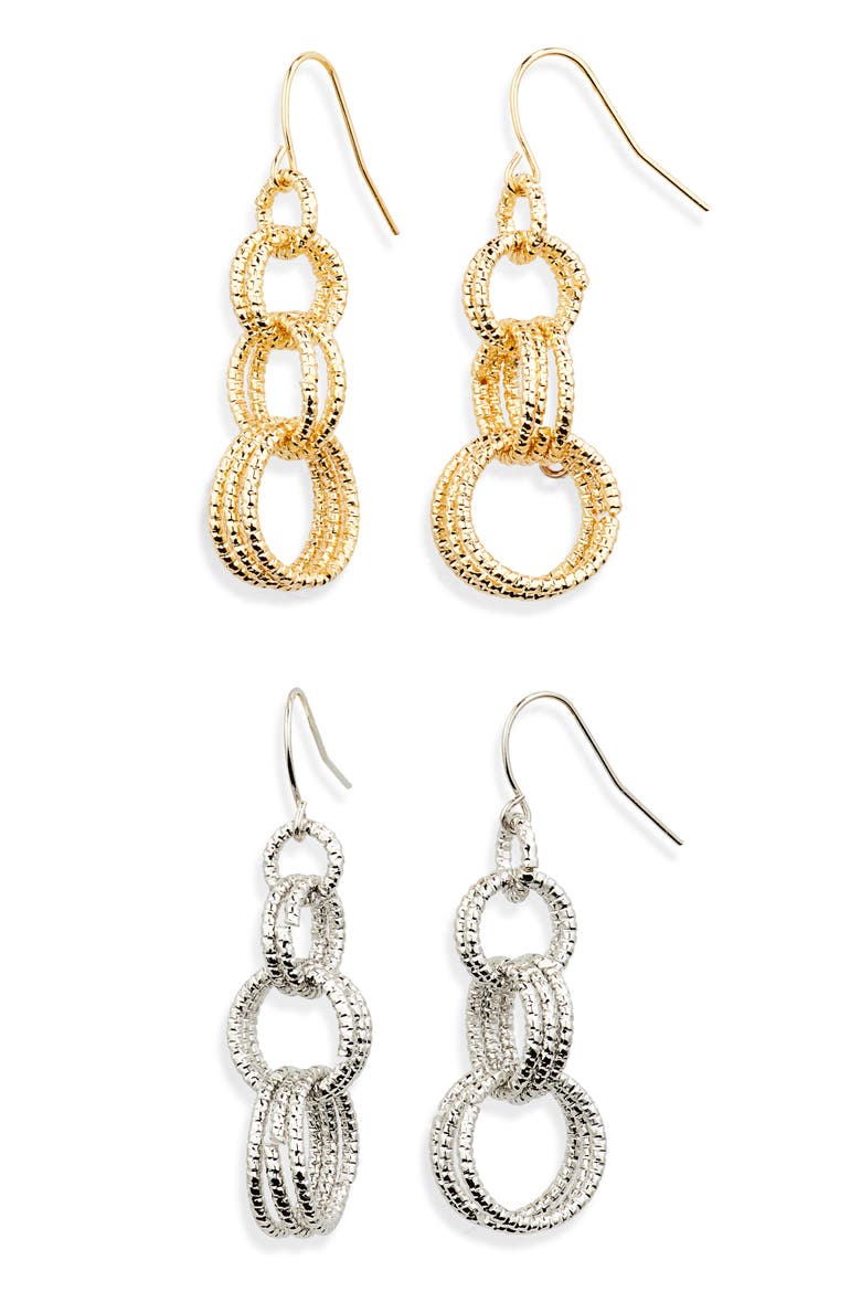 Set of 2 Interlocking Circle Drop Earrings, Main, color, GOLD/ SILVER
