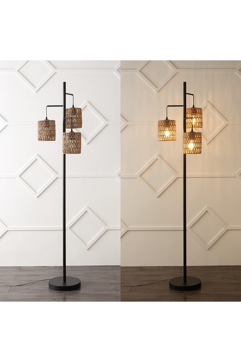 Isla 3-Light Mid-Century Bohemian Metal/Rope LED Floor Lamp, Alternate, color, Black