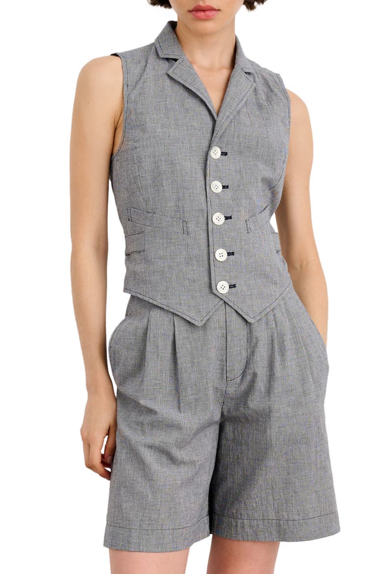 Mathilde Mini Houndstooth Check Cotton & Linen Vest, Main, color, BLACK/ WHITE