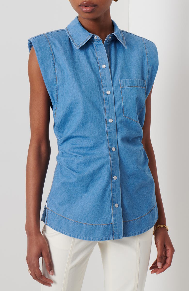 Derek Lam 10 Crosby Ivy Sleeveless Ruched Button-Down Shirt, Alternate, color, 