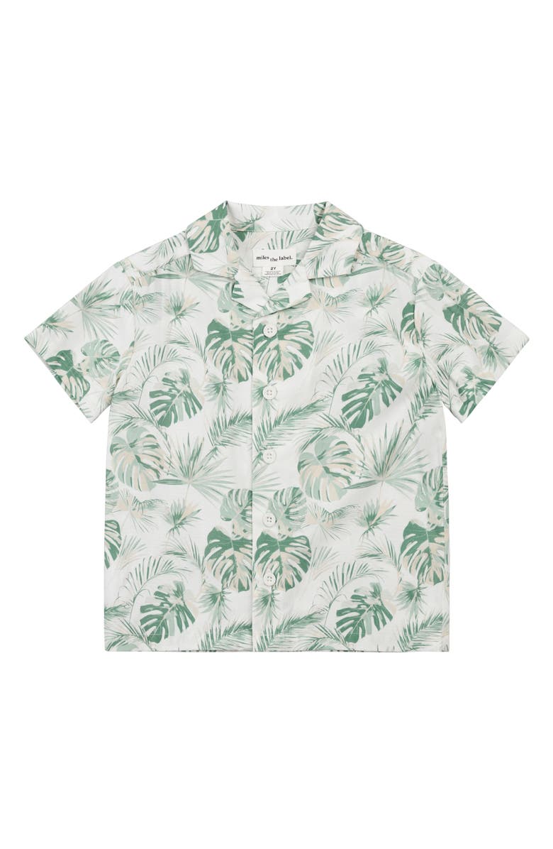 MILES BABY Monstera Leaf Print Cotton Blend Camp Shirt, Main, color, Off White