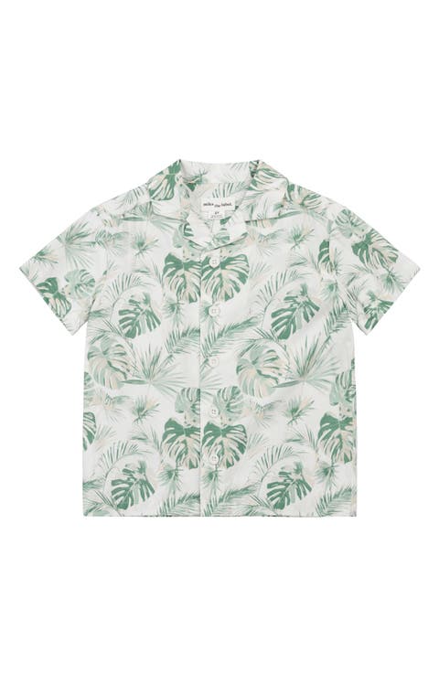 Monstera Leaf Print Cotton Blend Camp Shirt (Baby)